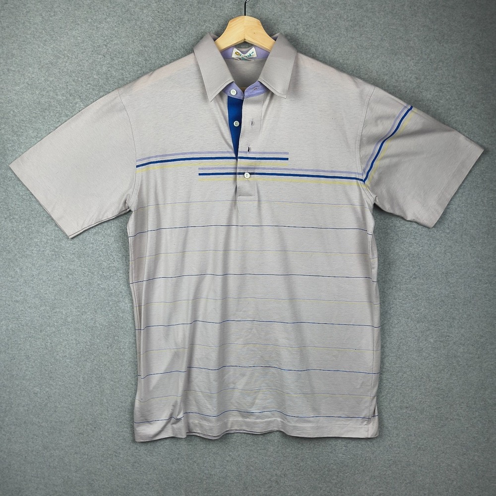 Vintage Etonic Polo Shirt Mens Large Beige striped Golf 90s Short Sleeve Retro